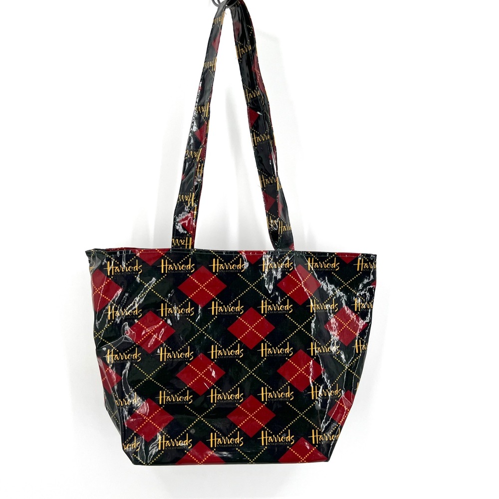 Two Vintage Harrods Knightsbridge London Coated Canvas Tote Bags Argyle Plaid View 2
